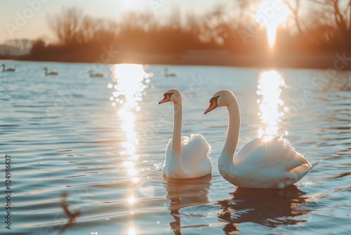 Swans Gliding Effortlessly Over Glistening Lake Water Under the Gentle Rays of Morning Sunlight