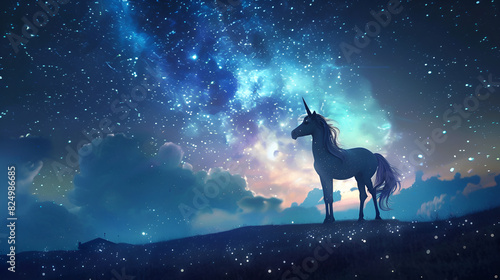 Magic unicorn in the starry night sky