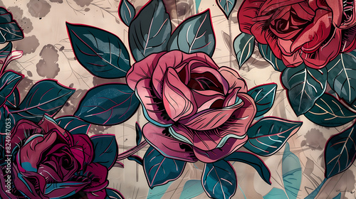 landscape - traditional red roses petal flower pattern and background - 02