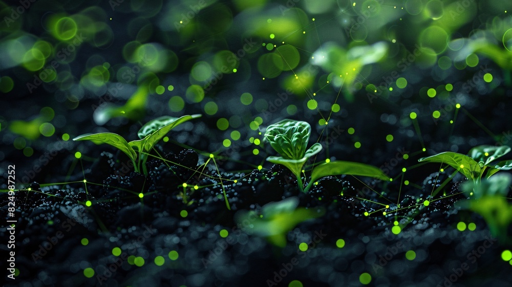 Young green plants growing in fertile soil with glowing particles, symbolizing growth and vitality. Concept of nature and ecology. Young green plants growing in fertile soil with glowing particles, symbolizing growth and vitality. Concept of nature and ecology.