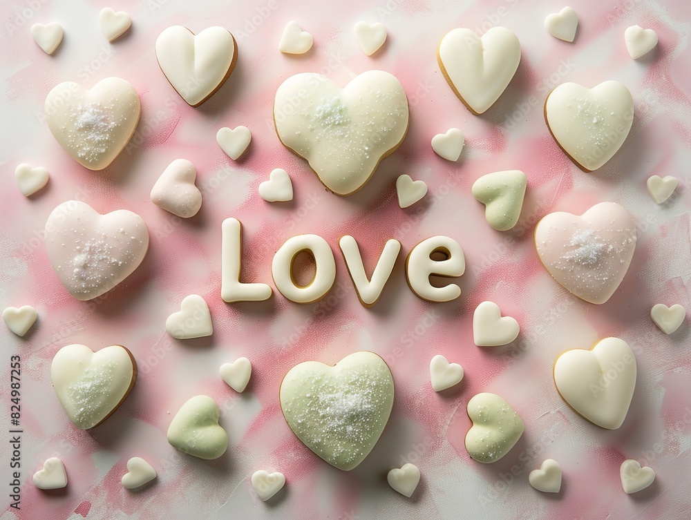 St. Valentine Greeting Card Design, Featuring Simple Heart-Shaped Bizet Cakes and Macaroons in Light Pink, Green, Yellow, and White