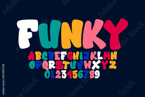 Vector of modern comical font and alphabet. Playful style font design, colorful childish alphabet, letters and numbers vector illustration
