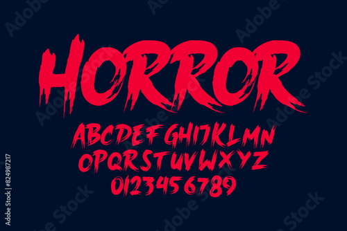 Grunge Horror Font. Hand Made Brush Typeface. Vector Stock Illustration. Brush stroke Alphabet. Typography for scary headlines and horror movie scenarios.