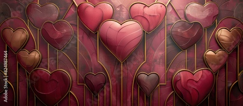 Art Deco Poster Symmetrical Hearts Arrangement in Rose Burgundy and Gold photo