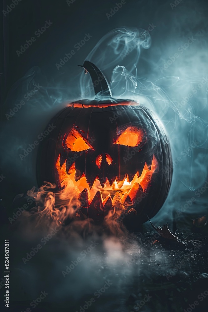 Glowing jack-o'-lantern with eerie smoke on ominous dark background Glowing jack-o'-lantern with eerie smoke on ominous dark background