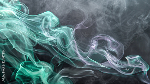 Delicate tendrils of light smoke in shades of teal and lavender, flowing gracefully on a charcoal gray background