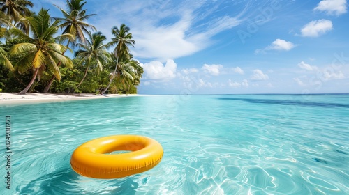 Inflatable ring gently bobbing on crystal blue water, surrounded by picturesque palm trees. 