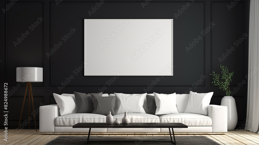 A contemporary living room with sleek black walls, a white leather sofa, and a blank white frame mockup hanging on a gallery wall of black and white abstract paintings. A contemporary living room with sleek black walls, a white leather sofa, and a blank white frame mockup hanging on a gallery wall of black and white abstract paintings.