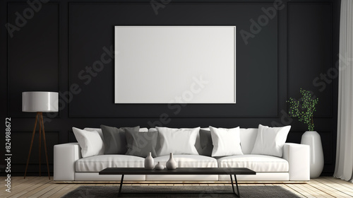 A contemporary living room with sleek black walls, a white leather sofa, and a blank white frame mockup hanging on a gallery wall of black and white abstract paintings.