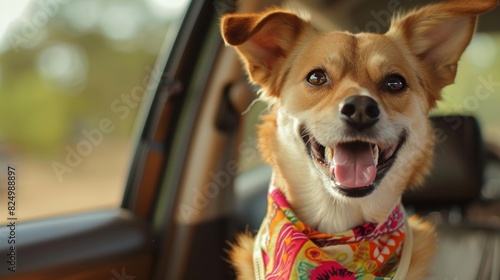 A dog sporting a colorful bandana, perched on the backseat with a proud and happy expression. photo