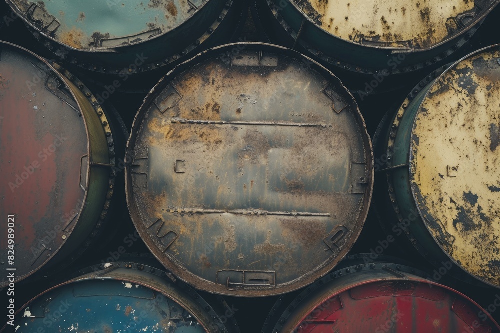 Close-up of aged, colorful oil drums stacked, showcasing a variety of textures