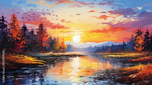 The setting sun casts a golden glow on the tranquil lake, while the trees on the shore are ablaze with autumn colors. A flock of birds flies overhead, adding to the peaceful scene. photo