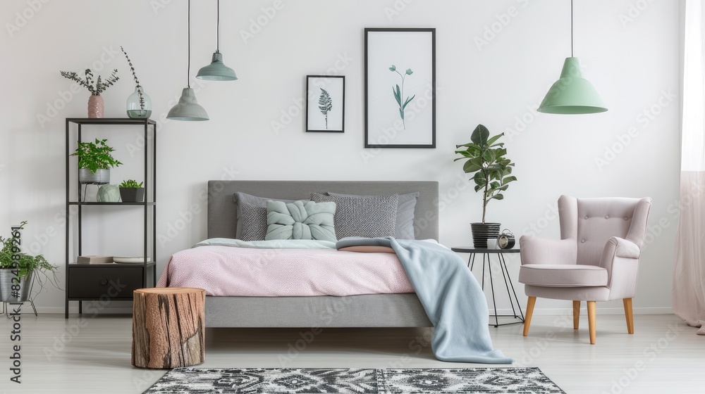 Fototapeta premium Minimalist bedroom with pastel pink, blue, and grey colors, featuring a gray bed in the center, a wooden log side table, and an empty poster above the headboard.