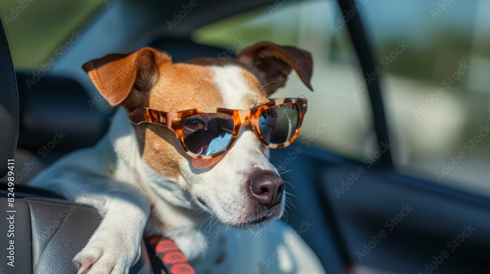 A dog sporting cool sunglasses, leaning on the armrest with a relaxed posture, enjoying the car ride in style. A dog sporting cool sunglasses, leaning on the armrest with a relaxed posture, enjoying the car ride in style.