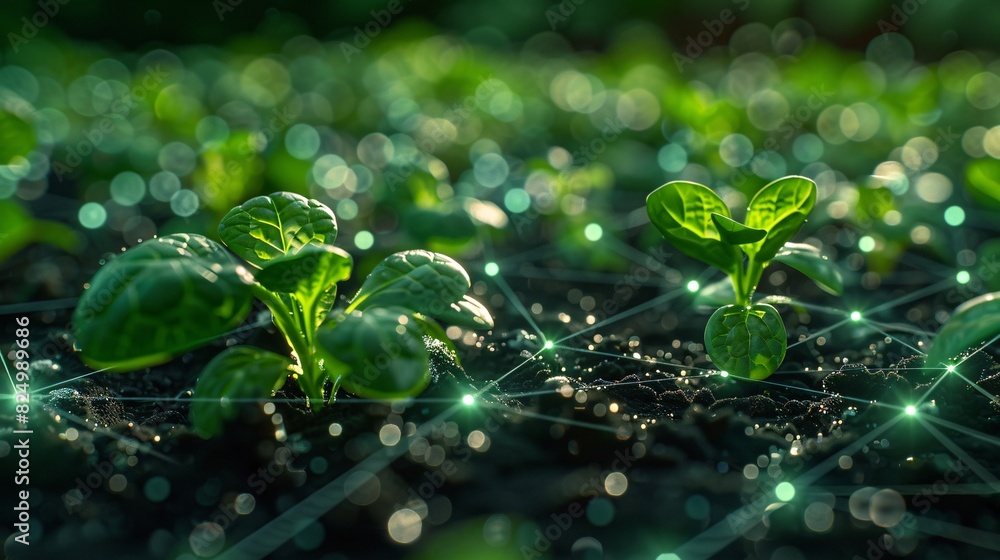 Young green seedlings sprouting in soil, connected by glowing network lines, symbolizing smart agriculture and technological growth. Young green seedlings sprouting in soil, connected by glowing network lines, symbolizing smart agriculture and technological growth.