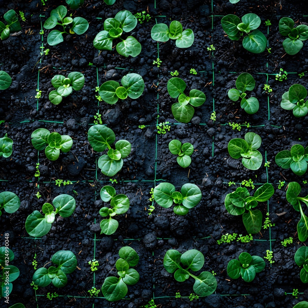 Young green vegetable plants growing in rich soil in a garden, arranged in a neat grid pattern. Daylight highlights their vibrant leaves. Young green vegetable plants growing in rich soil in a garden, arranged in a neat grid pattern. Daylight highlights their vibrant leaves.
