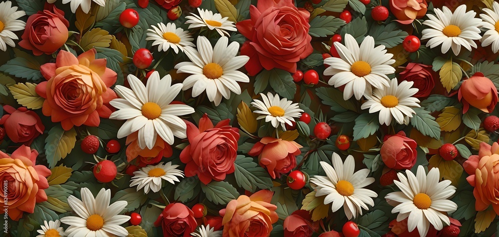 relief wallpaper depicting a pattern of various flowers, berries and leaves. Harmonious illustration in the artistic sense; relief wallpaper depicting a pattern of various flowers, berries and leaves. Harmonious illustration in the artistic sense;