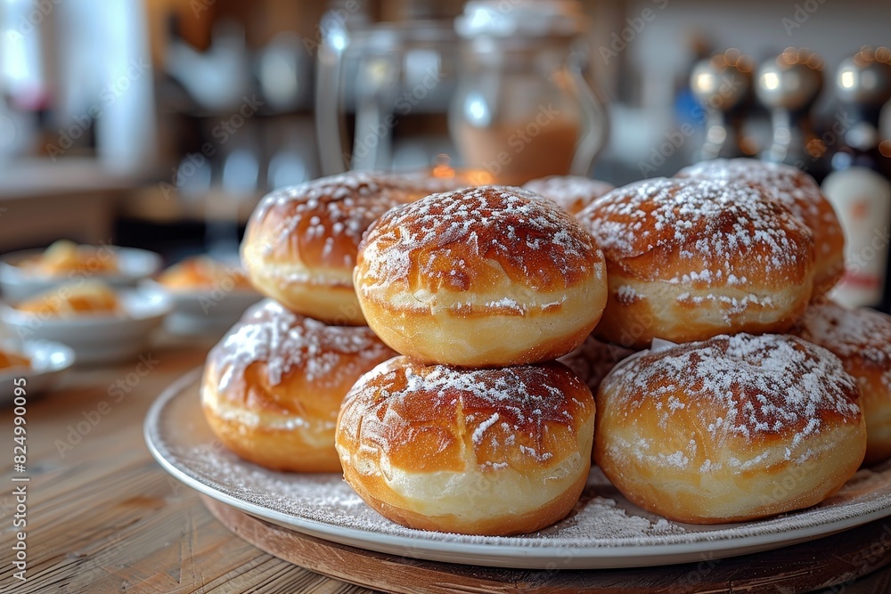 Quarkbällchen - Small, round donuts dusted with powdered sugar. 