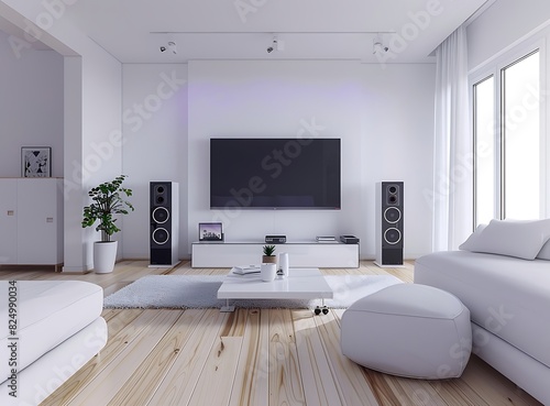 A white modern living room with a large flatscreen TV on the wall and an audio system cabinet placed next to it