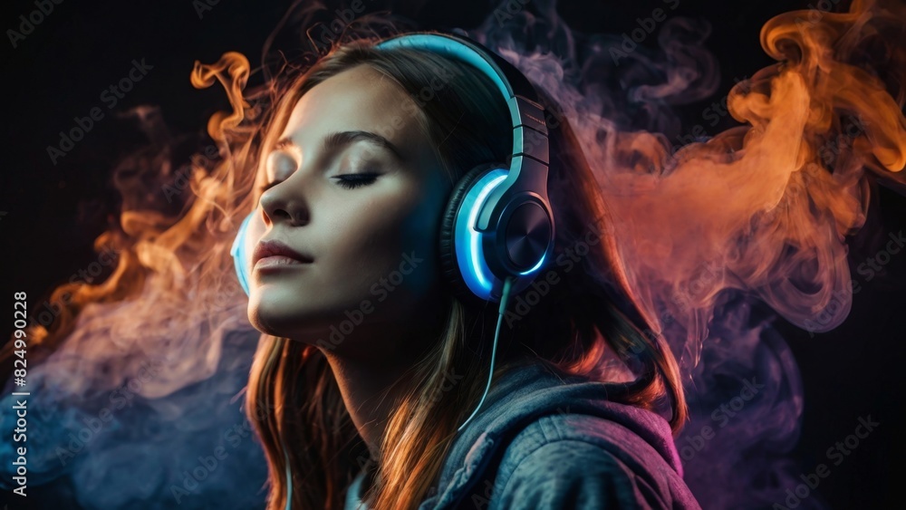 Girl in headphones against the background of multi-colored smoke Girl in headphones against the background of multi-colored smoke