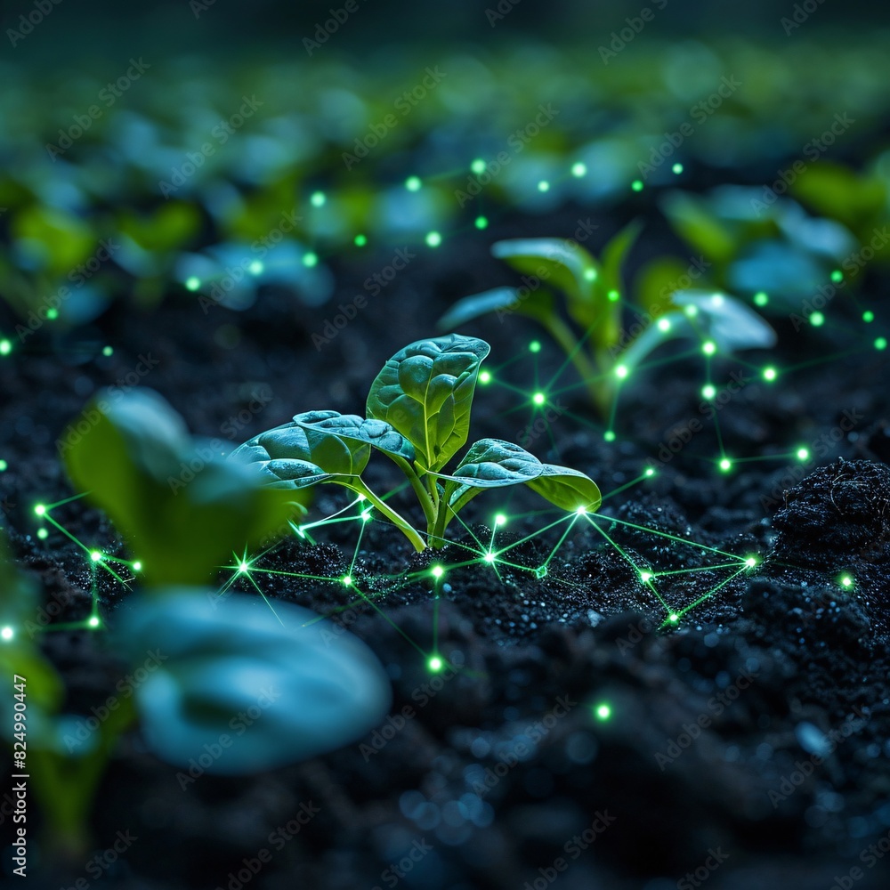 Young plant seedlings in soil connected with a digital network, illustrating smart agriculture technology for sustainable farming. Young plant seedlings in soil connected with a digital network, illustrating smart agriculture technology for sustainable farming.