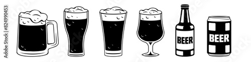 Beer vector. Beer bottle, glasses, can.
