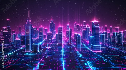 Smart city infrastructure with efficient energy distribution, interconnected systems, futuristic aesthetics