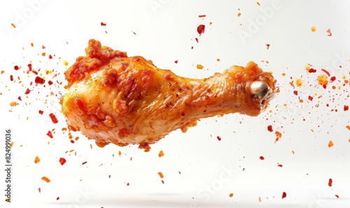 fried chicken leg and red spices floating in the air isolated on white background. photo