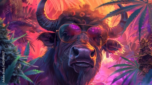 A vibrant, psychedelic illustration of a bull wearing sunglasses surrounded by cannabis plants in a surreal, colorful setting.