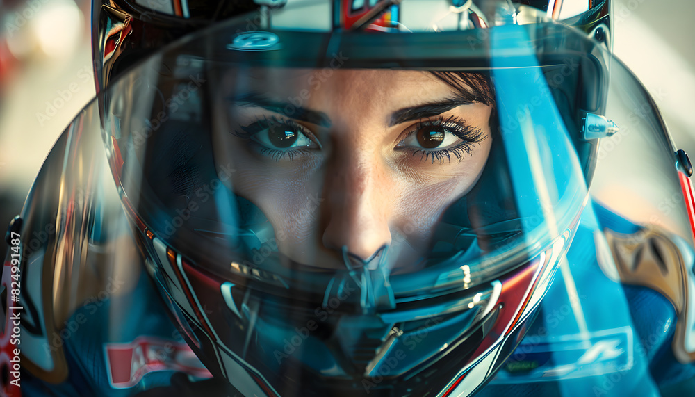 Female race MOTO GP driver, clad in a high-speed racing suit and helmet ...