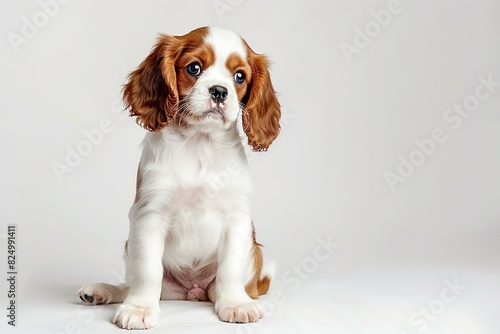 Adorable Cavalier King Charles Spaniel puppy sitting against white background, portrait shot