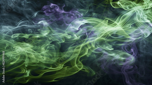 Flowing smoke in hues of green and lavender, creating a subtle, abstract pattern on a charcoal background