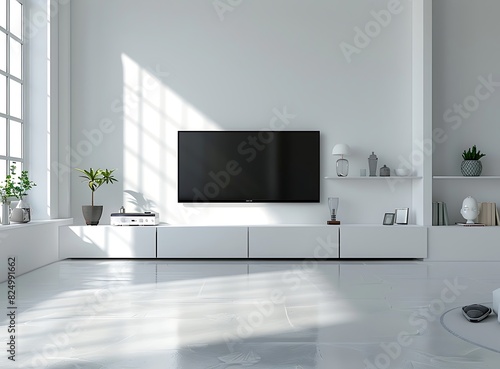 A white modern living room with a black TV on the wall and shelf