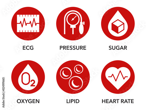 Heart and blood sensors types flat icons set