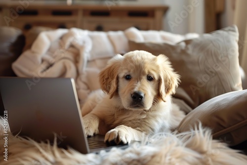 Adorable golden retriever puppy lying by a laptop in a cozy living room setting © Boraryn