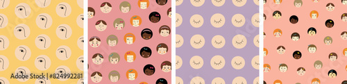 Set of four patterns, attractive girlish faces. Abstract colorful background design, women visage, repeatable texture, multipurpose use.