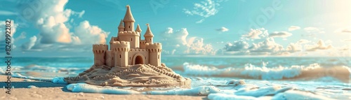 A beautifully detailed sandcastle stands proudly on a sunny beach, with intricate turrets and arches photo