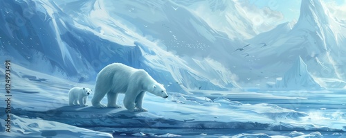 Arctic landscape with a polar bear and her cub