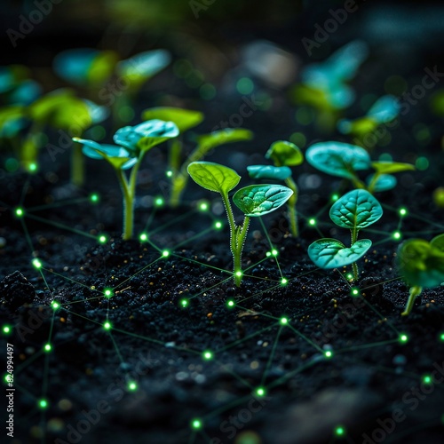 Young seedlings sprouting from soil with a digital network overlay, symbolizing the connection between technology and nature. photo