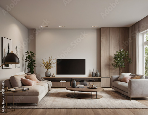 3D render of a modern living room interior  emphasizing comfort and style. Incorporate sleek furniture  a neutral color palette with pops of color  ambient lighting  tasteful d  cor