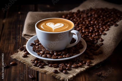 Cup of latte with heart-shaped foam art  surrounded by coffee beans on a burlap cloth  rustic wooden table setting  warm and inviting atmosphere