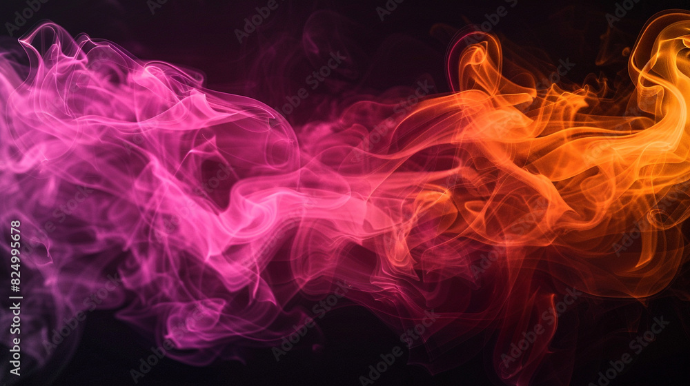 Wisps of abstract light smoke in vibrant colors of pink and orange, blending seamlessly against a black background
