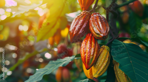 Cacao fruit flourishing on cocoa tree in plantation. photo