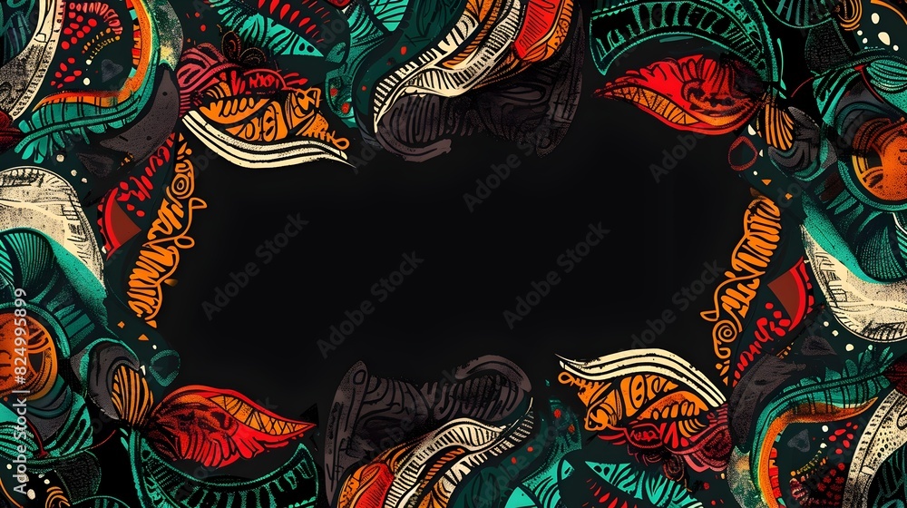 Captivating Pattern Based Textile Design with Bold Graphic Flourishes and Vibrant Color Framing Blank Space for Mockup or Message Background for