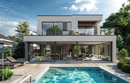 Modern house with swimming pool and garden in front of it