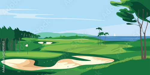 Scenic Countryside Golf Course Landscape with Flags, Greens, and Sand Bunke. Vector illustration