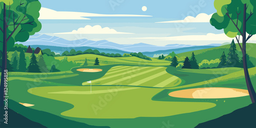 Scenic Countryside Golf Course Landscape with Flags, Greens, and Sand Bunke. Vector illustration