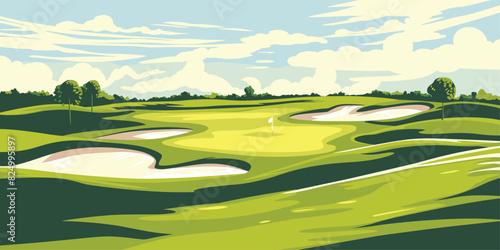 Scenic Countryside Golf Course Landscape with Flags, Greens, and Sand Bunke. Vector illustration