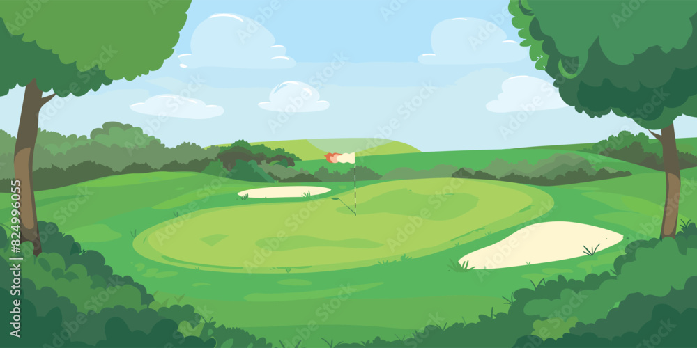 Scenic Countryside Golf Course Landscape with Flags, Greens, and Sand Bunke. Vector illustration Scenic Countryside Golf Course Landscape with Flags, Greens, and Sand Bunke. Vector illustration