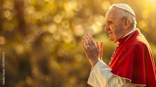 The Catholic Pope, wearing a red vest with a white collar, claps his hands and prays to God.